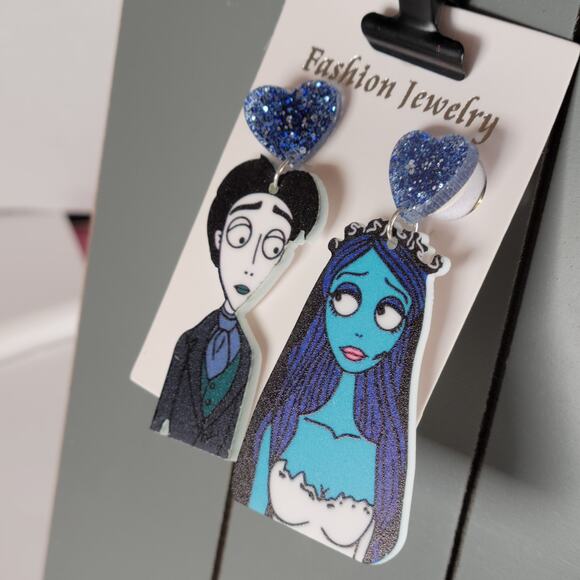 Corpse Bride Earring Victor Emily Blue Glitter Heart Dangle Fashion Jewelry 2.5" - Picture 10 of 10